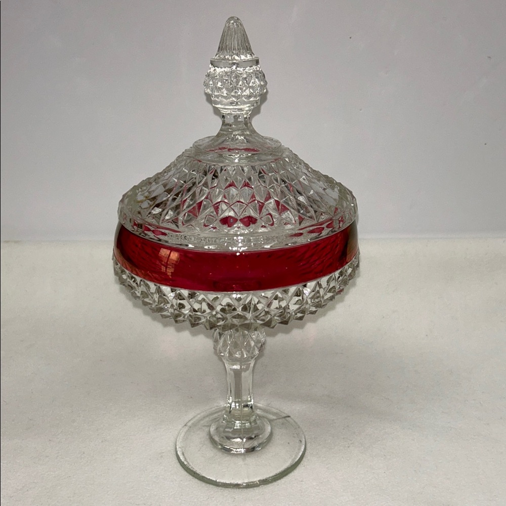 Vintage1970’s Diamond Point “Ruby Red “clear glass 12”pedestal lidded compote